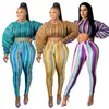 Women's Two Piece Pants Plus Size Women Autumn Print Lantern Sleeve Drawstring Leisure Two-piece Suit Striped Top + Trousers Square Neck Pul