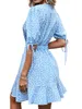 Buttons Bowknot Beach Dress Summer Sweet V-neck Floral Blue vintage Dress Women Sexy mini party Dress vestido 210514