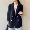 Herbst Frauen Zweireiher Blazer Mantel Plaid Hülse Büro Damen Blazer Kerb Kragen Taschen Koreanische Jacke 210515