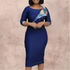 Kvinnor Blå Bodycorn Klänningar Skriv ut Tre Quater Syls O Neck Pencil Elegant Office Ladies Summer Vestidos African Femal 210416