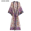 BOHO Locate Floral Print Long Kimono Shirt Hippie Women Lacing up Tie Bow Sashes Cardigan Loose Blouse Tops Holiday 210429