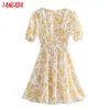 Tangada Summer Women Yellow Print Short Dress V Neck Short Sleeve Ladies Mini Dress Vestidos 3R16 210609