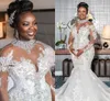 Illusion långärmad sjöjungfru bröllopsklänningar 2021 hög nacke spets pärlstav applique plus storlek trumpet afrikanska brudklänning kläder