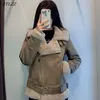 Winter Women Suede Lambswaol Kurtki Casual Ciepłe Luźne Silnik Znosić Topy Vintage Rowerzysta Płaszcz Faux Skórzana Kurtka z pasem 210423