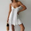 Mini sommar klänning rem av axel gul vit ruffle lös casual linne sundress sexig strand kvinnor vestidos 210517