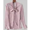 Casual Sewwt Pink Office Dame Bloouse Dames Lente Lange Mouw Boog Kraag Lace Up Polka Dot Shirt Tops Femme Mujer Blusas 210421