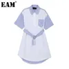 [EAM] Women Contrast Color Striped Sashes Shirt Dress Lapel Short Sleeve Loose Fit Fashion Spring Summer 1DD8561 21512