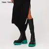 디자이너 가죽 플랫폼 첼시 부츠 Chunky Heels Knee Boots 라운드 발가락 여성 키 큰 Botas 캔디 컬러 고무 Sole Street Shoes H1009