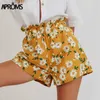 Aproms Sweet White Flower Print Shorts Women Summer Casual Elastic High Waist Shorts Vintage Beach Streetwear Yellow Bottom 210611