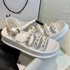 Designer chain flat sandals women's Embroidery letter metal diamond thick bottomed beach black and white sheepskin surface outdoor 2021