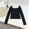 Black Office Lady Elegant Scoop Neck Long Sleeve Solid Mercerized Cotton Pullovers Tee Casual Women Y2K T-Shirt B-076 210922