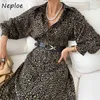 Vintage Leopard Pattern Loose Long Dress Women High Waist Hip Sashes A Line Vestidos Turn Down Collar Sleeve Robe 210422