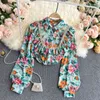 Lente Frans retro bos print blouse vrouwelijke hout oren revers bladerdeeg mouw blusa los en dun wild shirt C620 210507