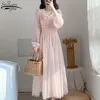 Women Button Puff Sleeve Pink Dress Sweet Mesh Lace Elegant V-neck A-line High Wasit es Mid-calf Vestidos Mujer 12915 210427