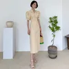 [EWQ] Nova Moda Verão Elegante Simples Khaki Lapel Cruz Cruz Cor Sólida Coluna Suff Manga Dress Mulheres Casual 16F1198 210423