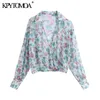 Women Fashion Semi-sheer Floral Print Cropped Blouses Long Sleeve Elastic Hem Female Shirts Chic Tops 210420