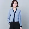 Koreańska bluzka Kobiety Szyfonowe Bluzki Dla Koszula Z Długim Rękawem Kobieta Frezowanie Bluzki Koszule V Neck Bow Tie Top 3XL 210604