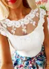 セクシーなメッシュパッチワークレースの装飾を通してTシャツの女性ソリッドOネックノースリーブスリムトップス夏の背中の白いTシャツ女性210507