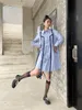 Ribbon Blue Shirt Dress Women Fashion Fjäder Knapp Upp Långärmad En Linje Mini Koreansk Designer Kläder 210427