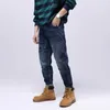 Уличные стиль моды мужские джинсы ретро темно-синий рыхлый подходящий упругий разорванный сращенный дизайнер хип-хоп джинсовые широкие брюки ног