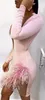 Robe de bandage rose creuse en maille sexy gratuite Femmes O-Cou à manches longues Bodycon Plume Club Party Robes 210524
