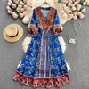 2022 verão boho casual férias longo vestido de verão feminino retro impressão vestido com decote em v manga puff a linha vestidos bordados