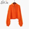 Женщины свитер перемычки Turtneck оранжевый фонарик рукав вязать и пуловеры зима осень корейский милый вытащить FEMME 210430