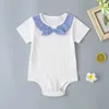 Summer Infant Rompers Clothes Short-sleeve Bow Romper Floral Blue Shorts Baby Girls Costume 0-24M 210629