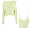 Wiosna damska haft Green Cropped Knit Cardigan Casual Dwa Kawałki Zestaw Mody Streetwear Sexy Female Crop Tops 210805