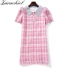 Femmes Coton Tweed Mini Robe Dames Glands À Manches Courtes Col Claudine Perles Bouton Chic Rose Plaid Robes Vestidos 210416