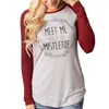 Meet Me Letter Print Christmas T-shirt Casual Ronde Hals Lange Mouwen Patchwork Dames Herfst T-shirt Plus Size Tshirt Tee Tops 210507