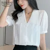 Fashion Short Short Women Tops Blome Summer V-Neck Chiffon Woman Shirt Solid Korean Top White Lady Clothing 10292 210527