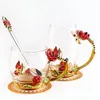 Emalj glas kopp med sked värmebeständig blomma kaffe mugg med handtag bärbara transparent juice koppar för gåva