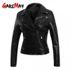 Moda Nero Pu Giacca di Pelle Autunno Donna Slim Motore Outwear Cappotto Cerniere Roupas De Couro Femminile Elegante Punk 210428