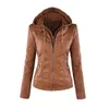 Kvinnors Läder Faux Långärmad Zipper Ladies Jacka Kvinnor Pu Kort Slim Casual Motorcykel Hoodie Coat Avtagbar Hat Outwear