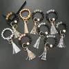 Black Frosted Wooden Bead Bracelet Keychain Party Favor Fashion Pattern Tassel Pendant Bracelets Women Girl Key ring Wrist Strap 7 Colors SN3330