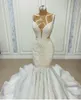 Beaded Mermaid Wedding Dresses Spaghetti Straps Brudklänning Organza Illusion Sweep Train Custom Made Plus Size Castle Beach Vestido de Novia 403 403