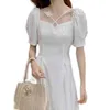 Beyaz Tatlı Elbise Kadınlar Yaz Kore Chic Kare Yaka Slim Fit Vestidos Nazik Puf Kısa Kollu Şifon Maxi Elbiseler 210519