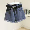 Ailegogo Streetwear taille haute femmes bleu Denim Shorts avec ceinture été décontracté femme jambe large grande taille 2xl jean 210714