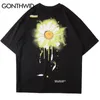 Gonthwid 낙서 잉크 데이지 인쇄 짧은 소매가 티셔츠 하라주쿠 힙합 캐주얼 짧은 소매 Tshirts 남자 여름 탑 210409