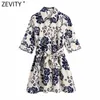Zevity Women Vintage Short Sleeve Blommigryck Casual Slank tröja Klänning Kvinnlig Chic Single Breasted Sashes Mini Vestidos DS8397 210603