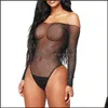 Womens Jumpsuits & Rompers Clothing Apparel Comeonlover Women Sexy Sparkle Rhinestone Bodysuit Fishnet Long Sleeve Off Shoder One Piece Shee