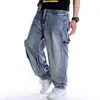 Hip Hop Jeans Hommes Poches Latérales Denim Salopette Pantalon Sarouel Grande Taille 44 Baggy Coupe Ample Mâle 211120
