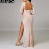 Fashion Sequin Dress Solid Color Backless for Women Floor-Length Formal Party Sexy Thigh Slit Long-sleeved 210515