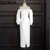 Sexy Off Ramię Biała Dress Deep V Neck High Slit Długie Rękaw Lantern Es Woman Party Night Street Maxi Omighty 210527