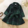 Newborn Kids Baby Girls Plaid Clothes Toddler Infant Full Sleeve Single-breasted Knee-length Dress Children Outwear Sashes 3M-3Y G1026