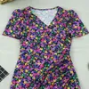 Kvinnor puffy ärmar sexig v nacke blommig tryck boho strand klänningar sommar kortärmad en linje mini klänning wrap sundress robe 210520