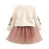 Filles automne tenues printemps automne 3 ans 100cm adolescent enfants bébé broderie sweat-shirt floral + jupe en dentelle de fil 2 pcs ensemble 210625