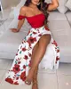 Spring Summer Women's Ruffles Top & Skirt Set New Femme Off Shoulder Floral Print High Slit Dress Ladies Maxi Sexy Outfits 210415