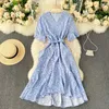 Summer Short Sleeve Women Dress French Style V-neck Floral Print Lace-up Sashes Wrap Ruffles Midi Party 210603